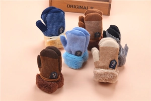 Set of five knitted winter gloves for kids with plush cuffs and connecting cords