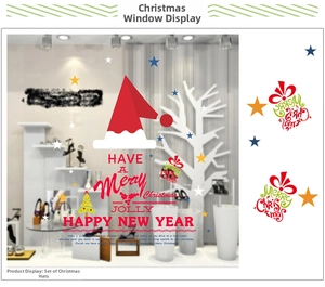 Detail of waterproof Christmas window decals featuring Santa hats and festive stars