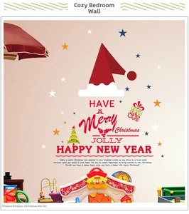 Christmas wall stickers with red Santa hats and stars on bedroom wall decor