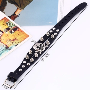 Punk rock black leather bracelet with silver skull rivets and detailed size measurements
