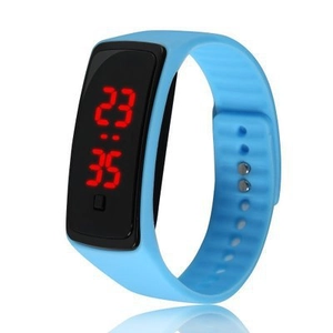 Sky blue LED digital bracelet watch with silicone strap showing time on white background