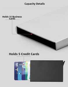Detail view of aluminum RFID wallet capacity showing space for 15 business cards