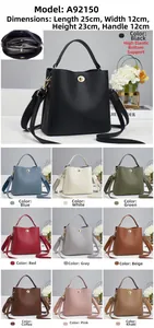 Detailed views of leather handbags with golden twist locks and multi-color options available