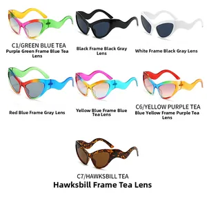 Detailed display of trendy cat-eye sunglasses with unique wavy arms in seven colors