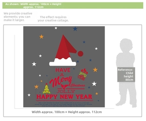 Layout of Christmas hat wall stickers with stars and festive text measuring 112cm by 100cm