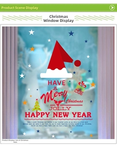 Close-up of Merry Christmas window stickers with red hats and stars for holiday decor
