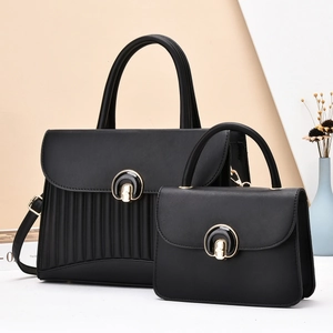 Women Handbag And Crossbody Bag PU Leather Elegant Pleated Texture Round Metal Buckle Versatile
