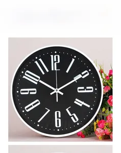 Macro detail of 3D numerals and spiral textured black dial on 12-inch wall clock