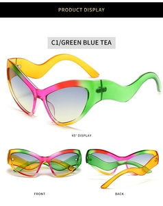 Detailed views of cateye sunglasses featuring rainbow gradient frames and wavy temples