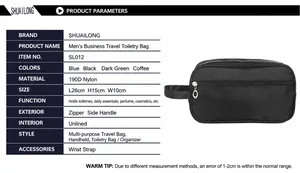 Detailed size specifications and front view of the black nylon men's toiletry bag