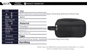 Detailed size specifications and front view of the black nylon men's toiletry bag