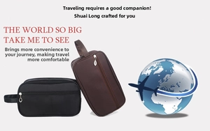 Detail of travel toiletry bags in black and brown with durable zippers and handles