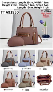 Detail view of canvas multi-compartment tote bag set with leather trim and inner pockets
