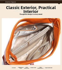 Interior structure of orange pebble leather handbag showing six functional compartments