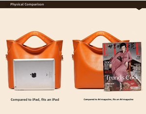 Spacious orange lychee grain leather tote bag fitting an iPad and A4 magazine