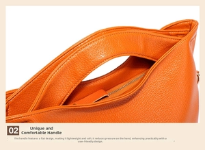 Detail of the flat orange leather handle and metallic zipper on a lychee pattern bag