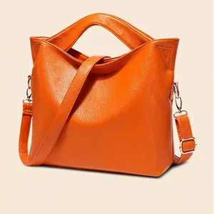 Chic orange lychee pattern leather handbag with detachable shoulder strap for women