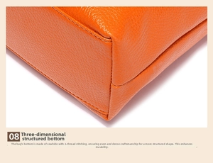 Macro shot of orange leather handbag bottom with reinforced six-strand stitching detail