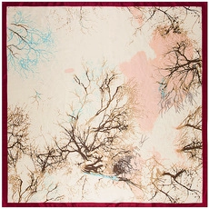 Detailed pattern of branch prints and color contrast border on square silk scarf