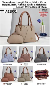 Detailed size specifications for women's handbag set showing multiple color options