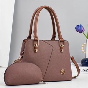 Classic brown two-piece women handbag set with gold K logo and leather trim details