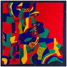 Detailed close-up of Picasso style abstract art print on 90cm silk satin square scarf