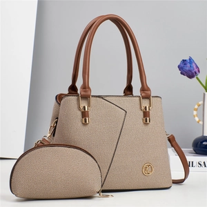 Chic khaki woven canvas tote bag and pouch set with brown leather trim and gold K hardware