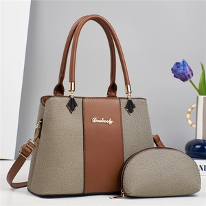 Ensemble de sacs à main femme en cuir marron et tissu tissé avec logo métallique chic