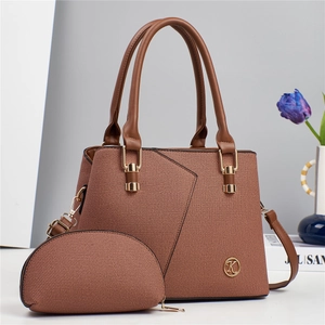 Brown woven tote and crossbody bag set with gold hardware and K logo decoration