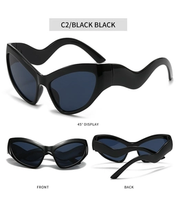 Three-way view of black cat-eye sunglasses featuring unique wavy curved temples