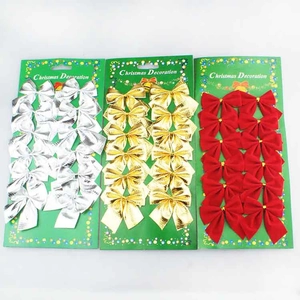 Three sets of 12-pack Christmas bows in metallic gold, silver, and red colors