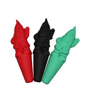 Three gnome-shaped silicone bottle stoppers in red, black, and green on a white backdrop