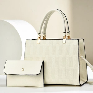 Minimalist beige plaid embossed tote bag set with matching envelope pouch and gold hardware