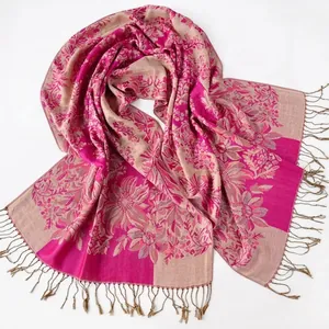 Bohemian floral jacquard scarf with rose red and beige patterns and fringe tassels