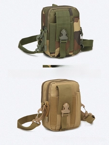 Tactical waist pouch featuring camo and khaki nylon styles with secure buckles