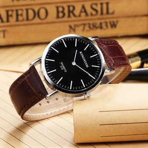 Classic men's quartz watch with black minimalist dial and brown crocodile leather strap