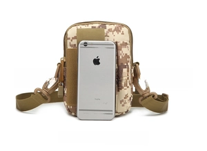 Detailed view of digital desert camo tactical waist bag with adjustable strap and zip pocket