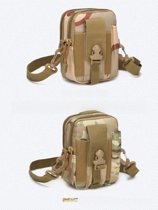 Detail of tactical waist bag with Molle system in Desert and Multicam camo patterns