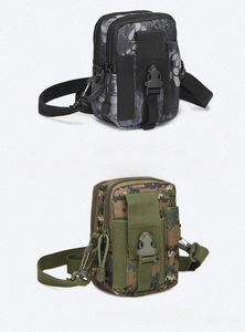 Tactical waist bag detail showing dual zipper compartments and durable molle camouflage fabric