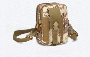 Macro view of tactical waist bag in digital camouflage with buckle and adjustable strap