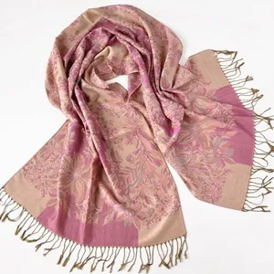 Bohemian floral jacquard shawl with grape pattern and long fringes in pink and beige
