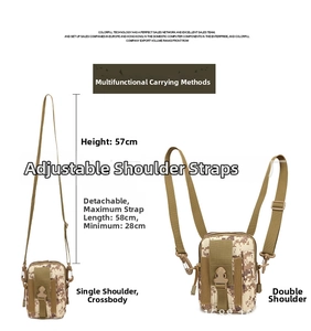Tactical camouflage waist bag showing adjustable shoulder strap attachment options
