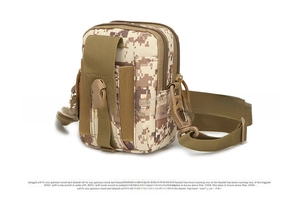 Close-up of tactical waist bag with digital camo pattern and secure dual zippers