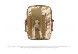 Front view of tactical belt pouch in desert digital camo with secure buckle closure