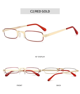 Three-view display of red gold metal rectangular reading glasses from different angles