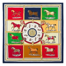 Detailed top-down shot of a 60cm silk scarf featuring an equestrian belt and horse pattern