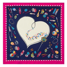 Flat lay of square silk scarf with geometric heart print and cosmetic illustrations