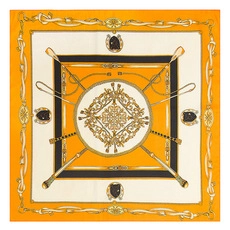 Flat lay of square silk scarf with orange border and detailed equestrian horse pattern