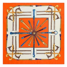 Detailed pattern of geometric silk square scarf featuring equestrian whip and hound motifs