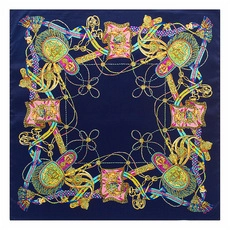 Navy blue silk square scarf featuring gold tassels and pink equestrian motifs pattern